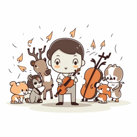 cute boy playing violin with animals on white background