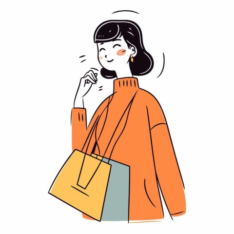 Vector illustration of a young woman in orange coat with shoppin