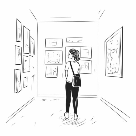 Woman looking at paintings in art gallery. Hand drawn vector ill