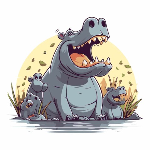 Hippopotamus and hippo family. Cartoon vector illustration.