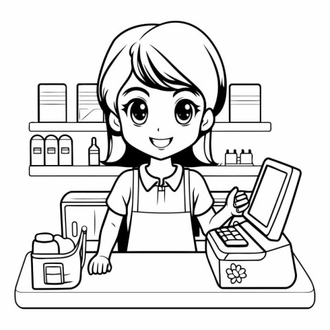 Girl barista with cash register and credit card cartoon vector i