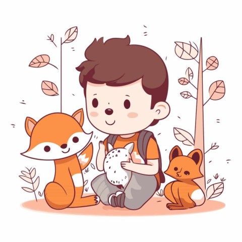 Cute little boy with foxes in the forest