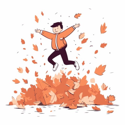 Happy man jumping in autumn leaves in cartoon style.