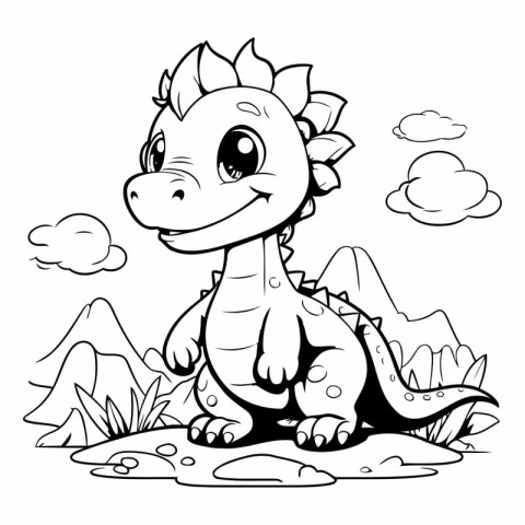 Black and White Cartoon Illustration of Cute Dinosaur Animal for