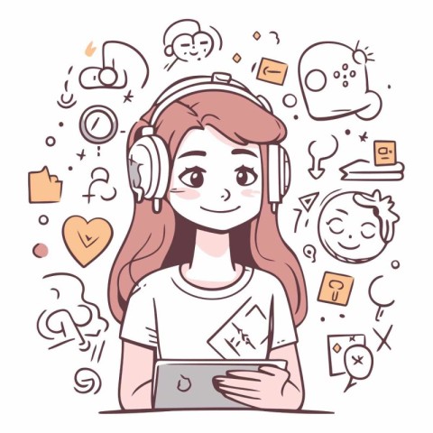 Girl listening to music with headphones in doodle style.