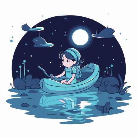 Cute little boy in a boat on the river at night.