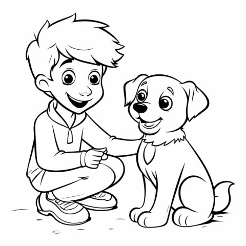 Black and White Cartoon Illustration of Little Boy Petting a Dog