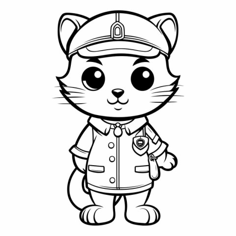 Black and White Cartoon Illustration of Cat Captain Character fo