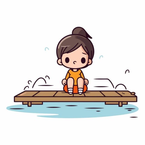 Girl sitting on a pontoon in cartoon style.