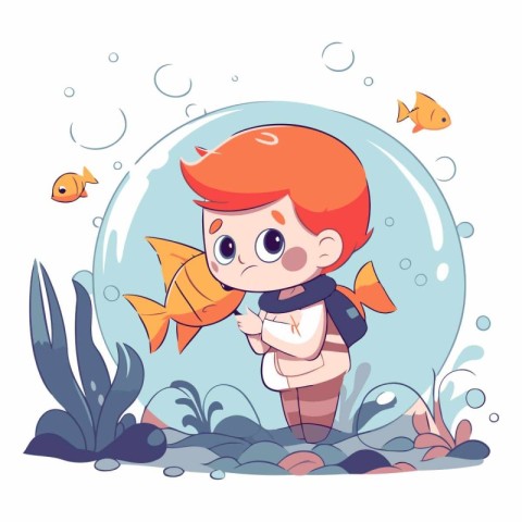 Cute little boy in the aquarium of a cartoon character.