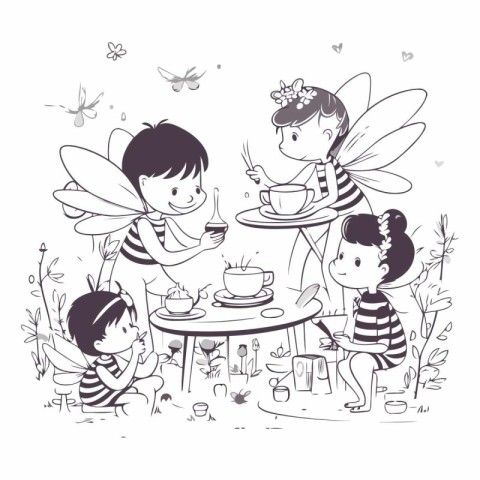 Cute little children eating and drinking tea in the garden.