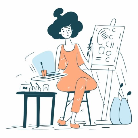 Young woman drawing on the easel in cartoon style.