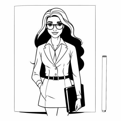 businesswoman with briefcase and pen. black and white vector ill