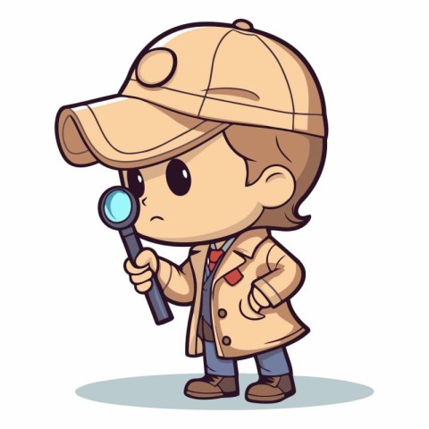 Cute detective boy with magnifying glass. Vector clip art illust