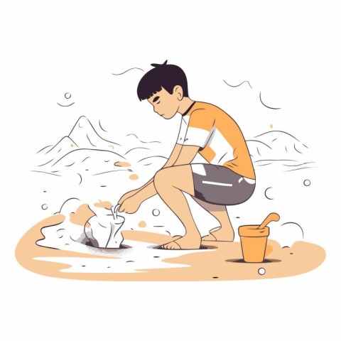 Vector illustration of a boy playing with a dog in the mud.