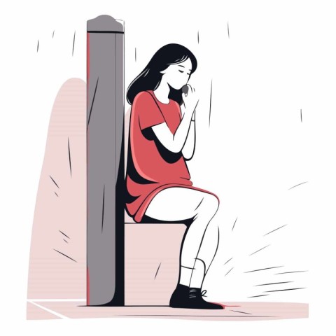 Sad woman sitting on a column in the rain.