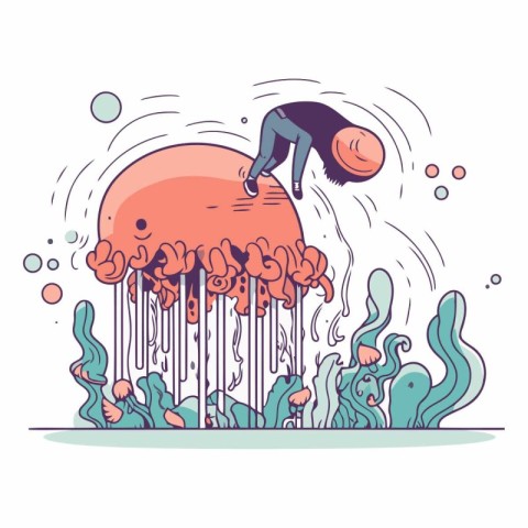 Cartoon jellyfish in ocean in a flat style.