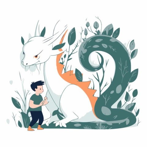 Vector illustration of a boy reading a book with a dragon in the