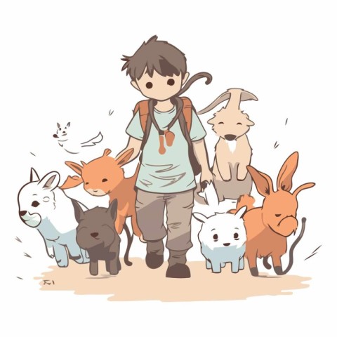 Vector illustration of a boy with a backpack and a group of dogs