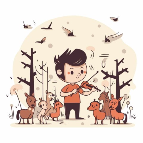 Vector illustration of a boy playing violin in the park with ani