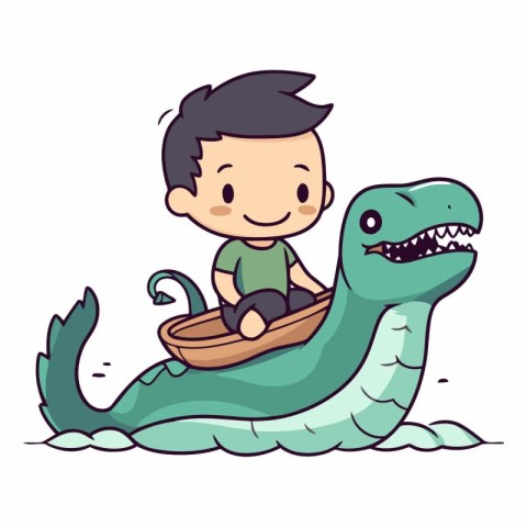 cute boy riding a dragon boat. cartoon vector illustration graph