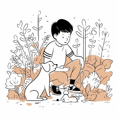 Boy playing with dog in the park for children.