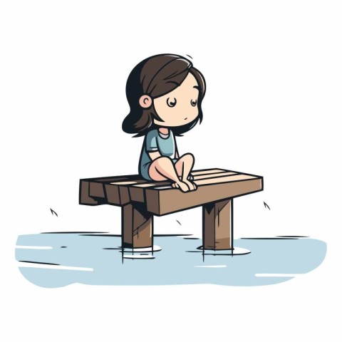 Little girl sitting on a wooden pier in the water.