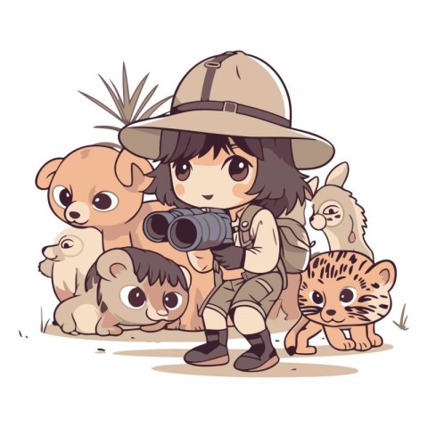 Cute little explorer girl with many wild animals.