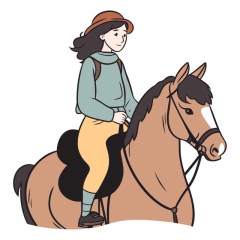 Illustration of a teenage girl riding a horse on a white backgro