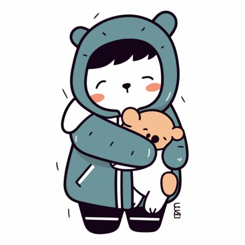 Cute cartoon boy in winter clothes holding a cup of hot coffee