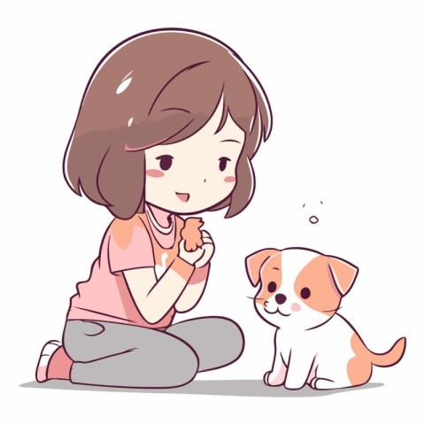 Little girl playing with her dog. Cute cartoon vector illustrati