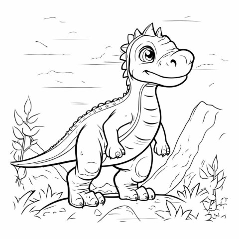 Dinosaur in the jungle. Black and white vector illustration for