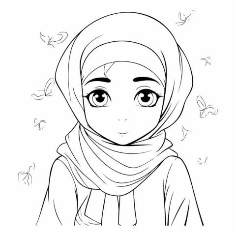 Muslim girl in headscarf with butterflies. Black and white vecto