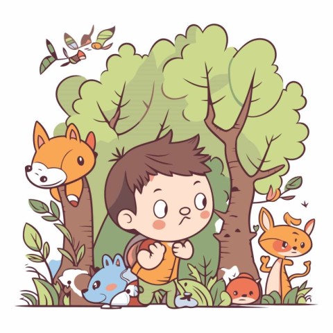 Cute little boy and animals in the forest.