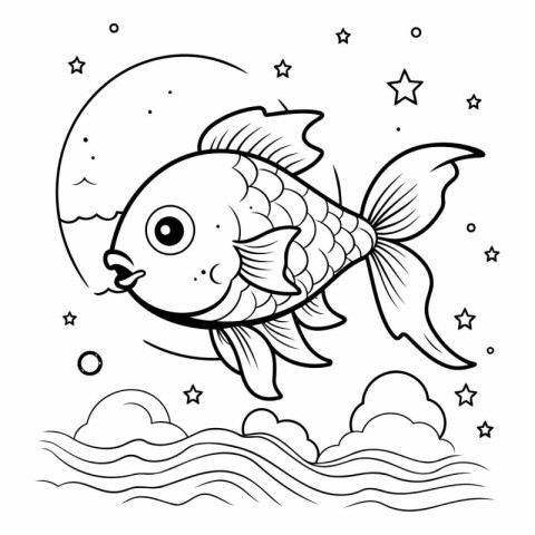 Coloring book for children: fish on the background of the moon