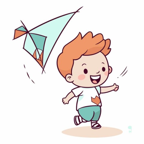 Cute little boy playing with kite cartoon vector illustration gr