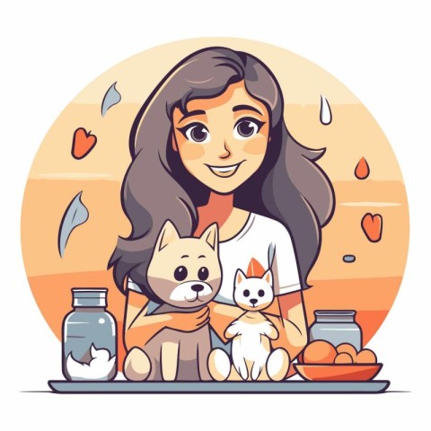 Girl with cats. Pet care in cartoon style.