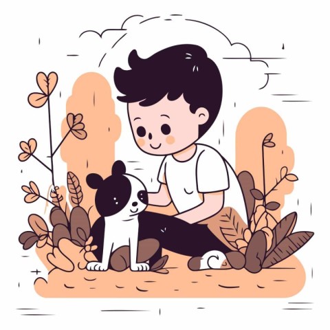 Cute boy playing with dog in the park in cartoon style.