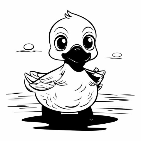 Black and White Cartoon Illustration of Cute Baby Duck Swimming