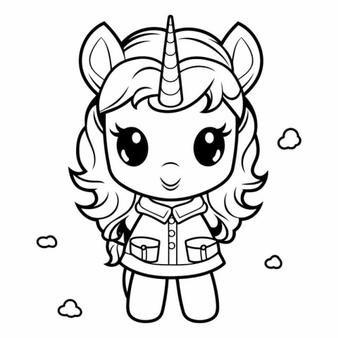 Black and White Cartoon Illustration of Cute Unicorn Animal Char