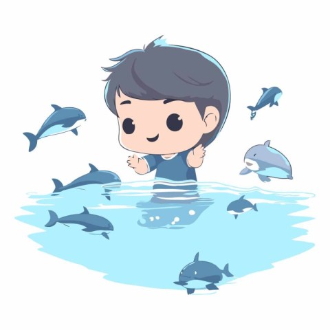 Boy swimming with dolphins in the water. Cute cartoon vector ill