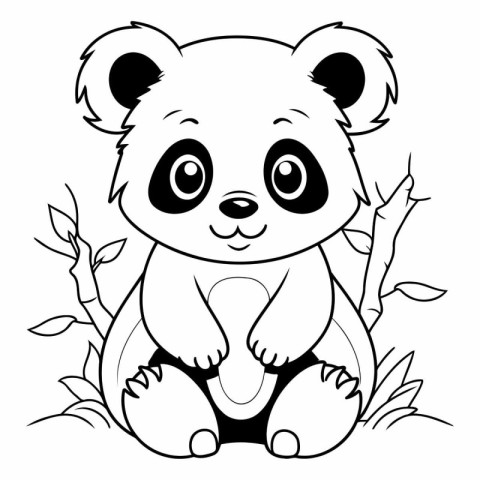 Cute panda sitting on the grass. Black and white vector illustra