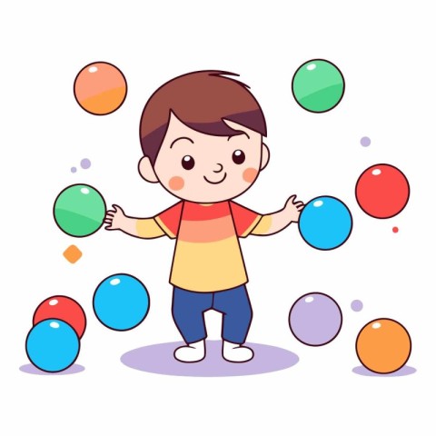 Cute little boy playing with colorful balls in cartoon style.