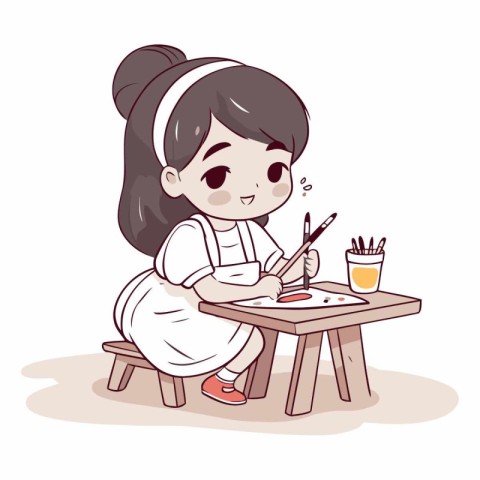 cute little girl painting with pencils on the table vector illus