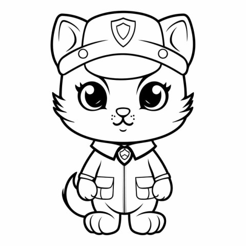 Black and White Cartoon Illustration of Cat Police Officer Chara