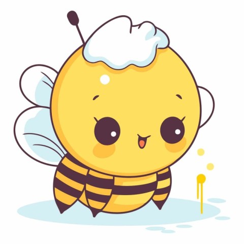 Cute bee with snow on his head. vector cartoon illustration.