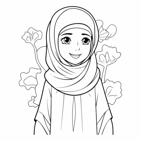 Arabic girl in hijab with flowers coloring page.