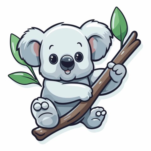 Cute cartoon koala holding a branch with leaves.