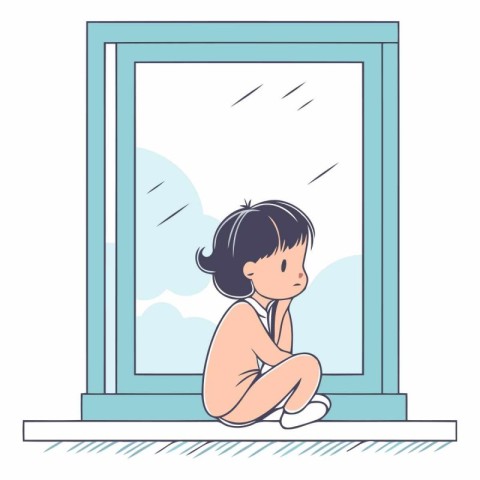 Illustration of a sad child sitting on the windowsill in rainy w