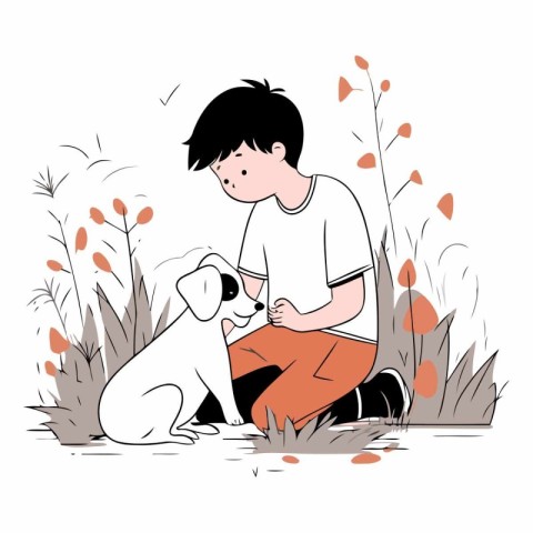 Boy playing with a dog in the autumn park.